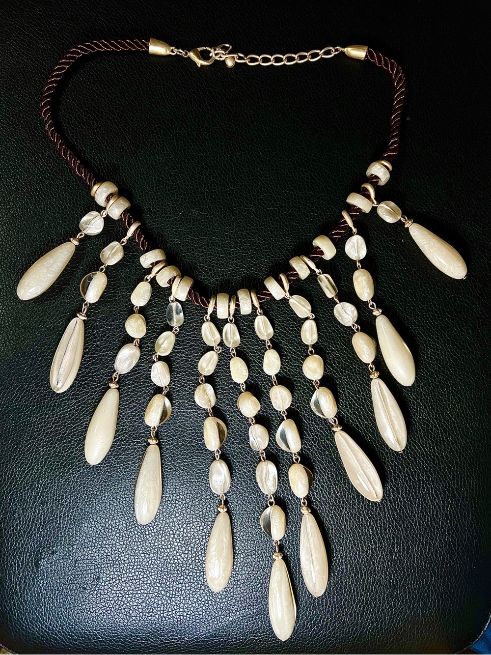 Vintage Cream Glass Bead Fringe Statement Necklace Boho Waterfall Bib - Picture 3 of 5
